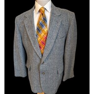 VTG Oakmont Sport Coat Sz 46R Blue Herringbone Wool Tweed Blazer Jacket USA Made